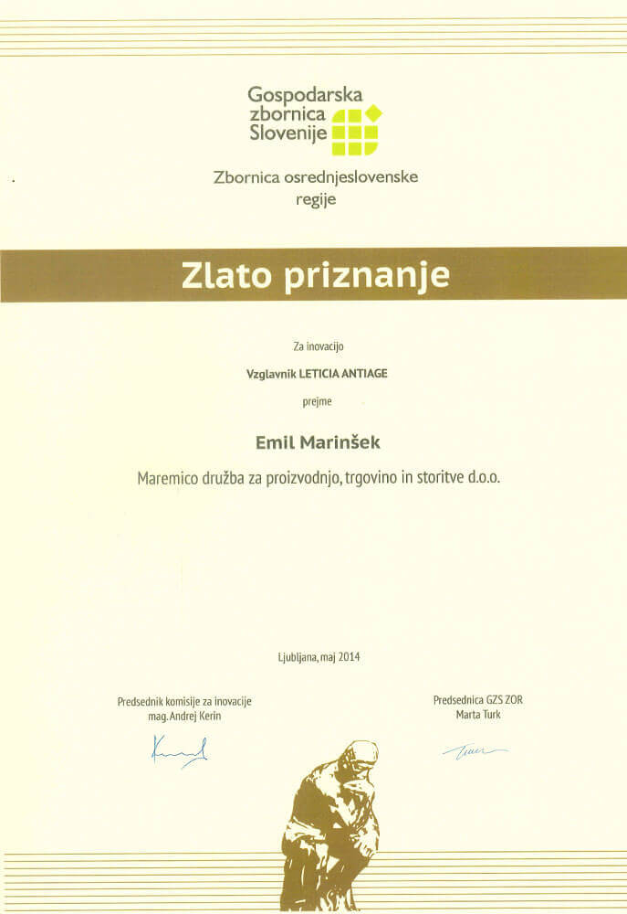 Zlato priznanje za inovacijo za modularni vzglavnik Leticia 2010